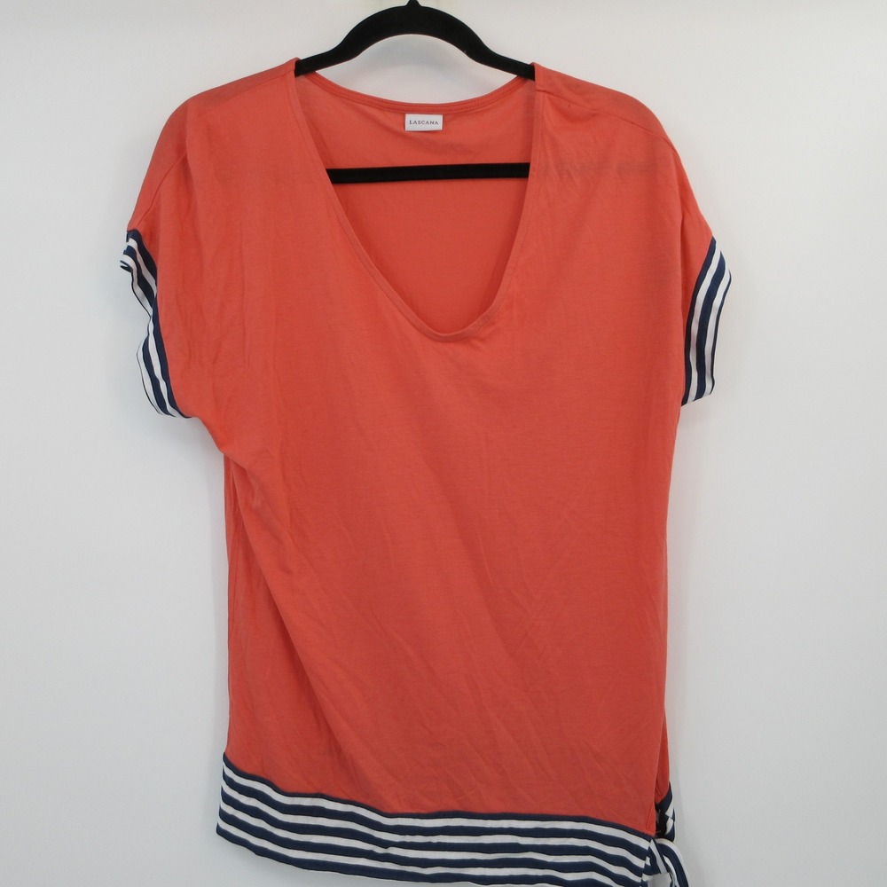 Lascana Coral Orange V-Neck Short Sleeve Top Nautical Striped Side Tie US 4/6